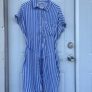 h and m blue and white striped dress Women's Navy blue/White striped Linen-Blend Midi Dress